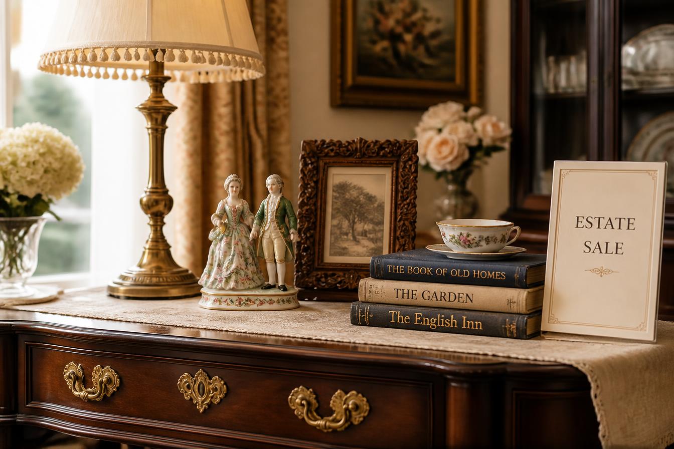 Warm, elegant estate sale table with antique and vintage treasures